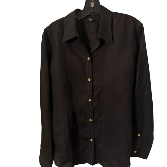 Lauren Ralph Lauren LINEN Button Down Shirt Black Gold Buttons Size L NEW Sz L - Picture 1 of 9